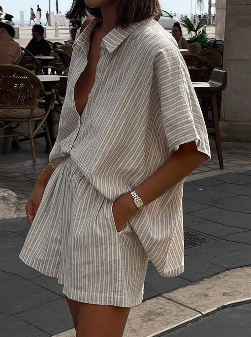 חולצת כותנה ופשתן רחבה עם פסים- לימור